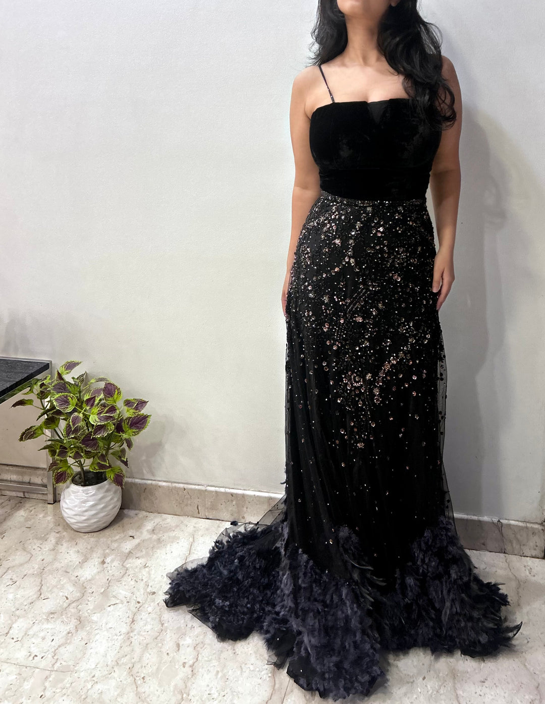 Dolly J Black Embellished Feather Gown