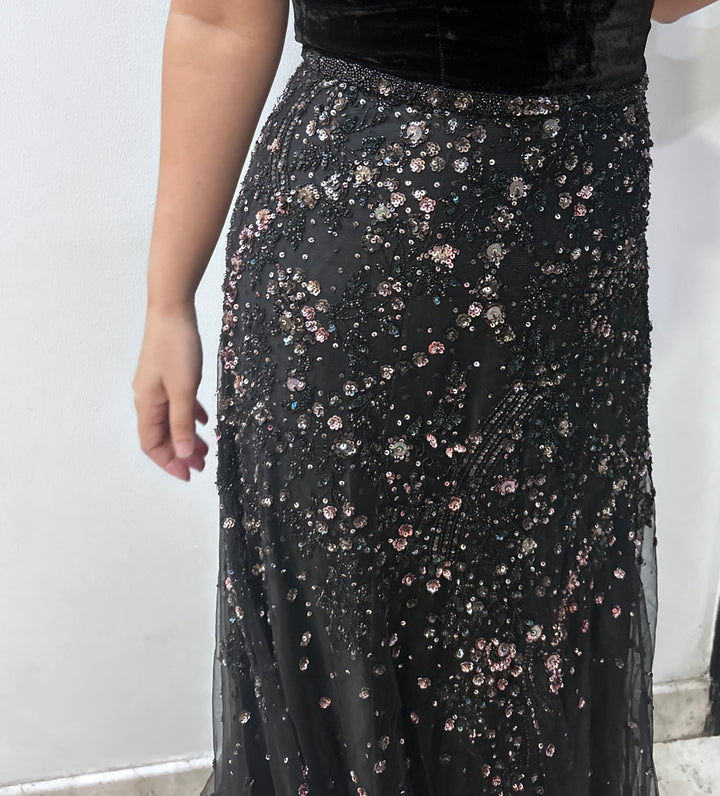 Dolly J Black Embellished Feather Gown