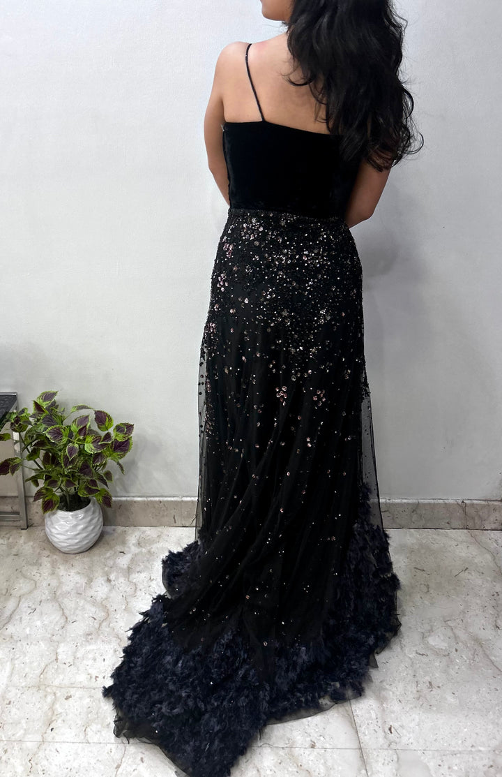 Dolly J Black Embellished Feather Gown