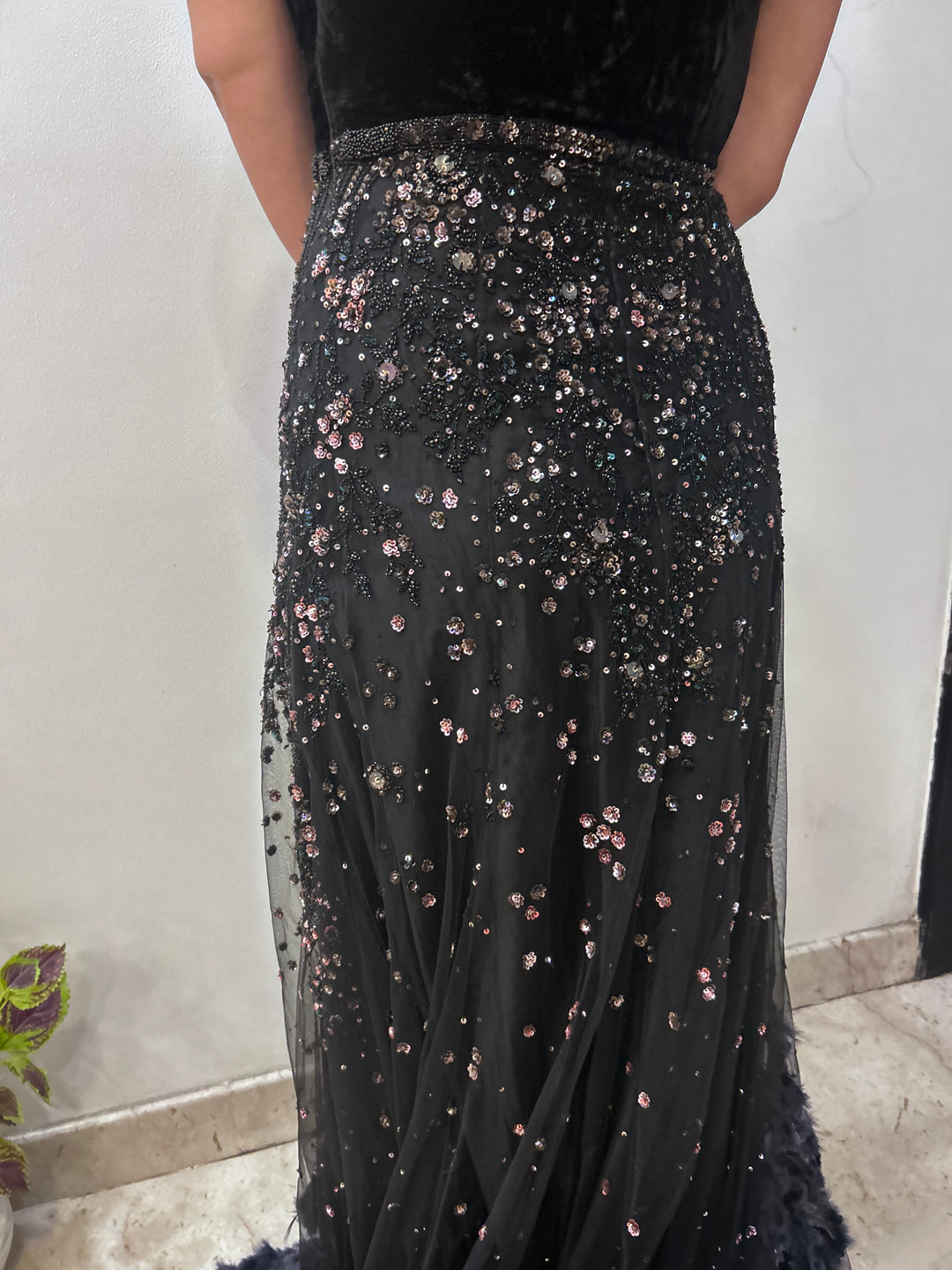 Dolly J Black Embellished Feather Gown