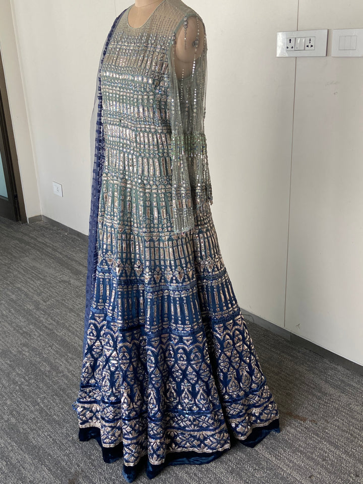 Tarun Tahiliani Midnight Blue Embellished Anarkali Gown with Dupatta