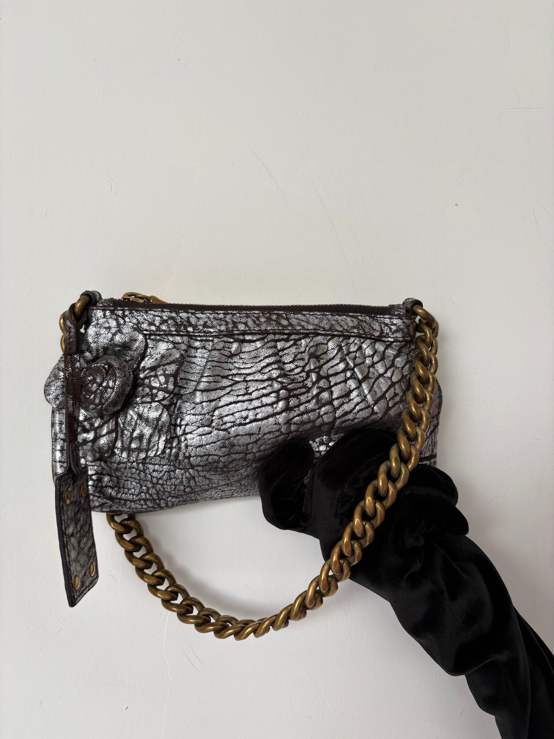 Dolce & Gabbana Dark Copper Textured Leather Floral Applique Chain Clutch