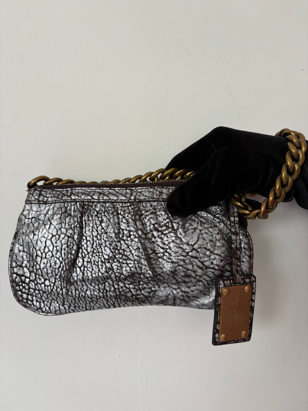 Dolce & Gabbana Dark Copper Textured Leather Floral Applique Chain Clutch