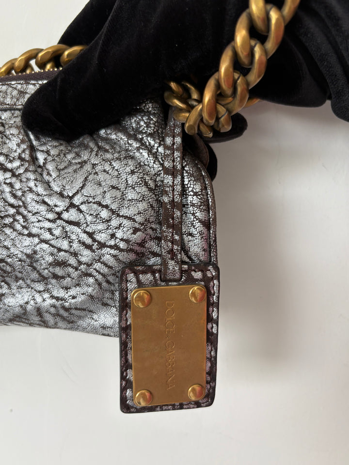 Dolce & Gabbana Dark Copper Textured Leather Floral Applique Chain Clutch