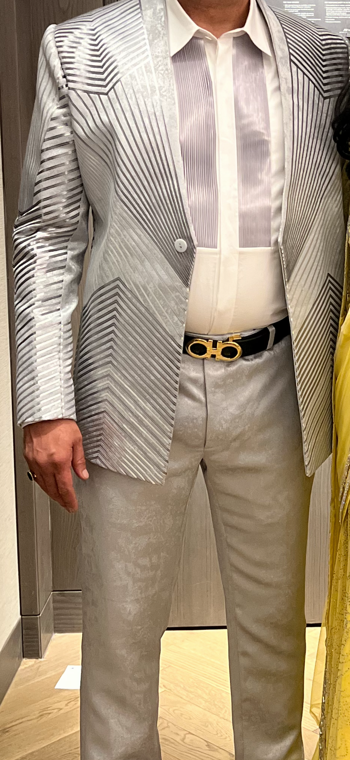 Amit Aggarwal Silver-Grey Textured Tuxedo Set