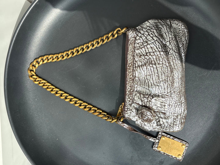 Dolce & Gabbana Dark Copper Textured Leather Floral Applique Chain Clutch