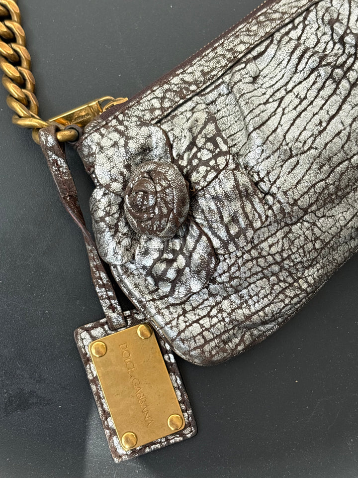 Dolce & Gabbana Dark Copper Textured Leather Floral Applique Chain Clutch