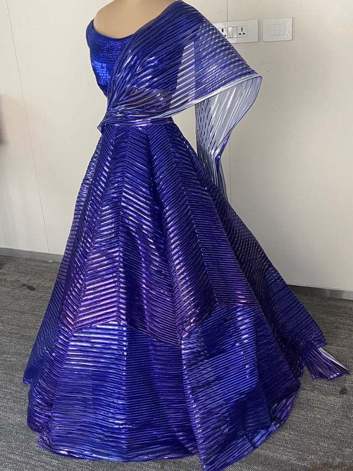 Amit Aggarwal Cobalt Blue Sculpted Lehenga Set