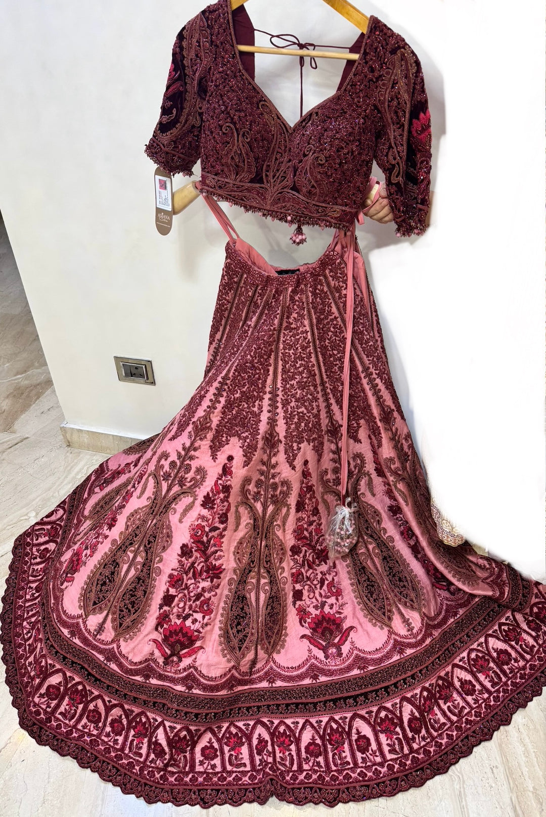 Payal Keyal Burgundy & Rose Embroidered Lehenga Set