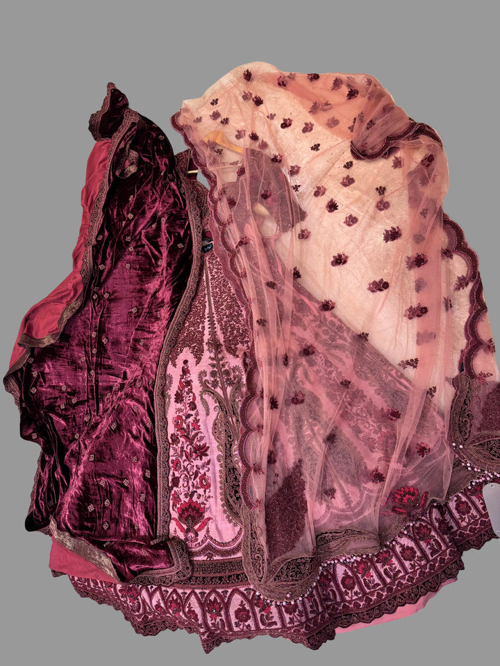 Payal Keyal Burgundy & Rose Embroidered Lehenga Set