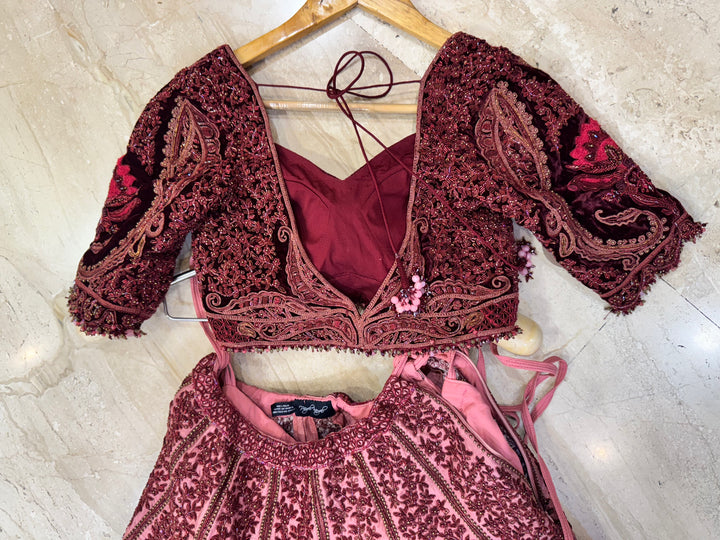 Payal Keyal Burgundy & Rose Embroidered Lehenga Set