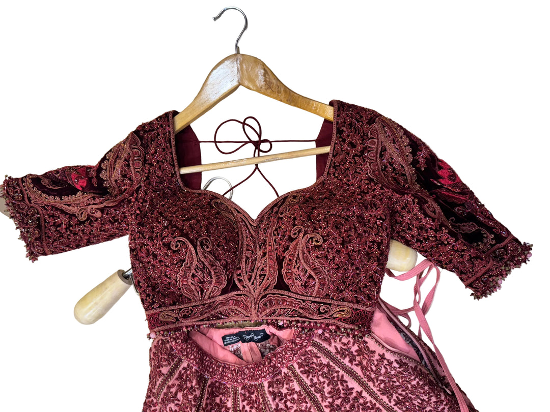 Payal Keyal Burgundy & Rose Embroidered Lehenga Set