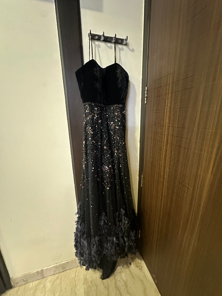 Dolly J Black Embellished Feather Gown