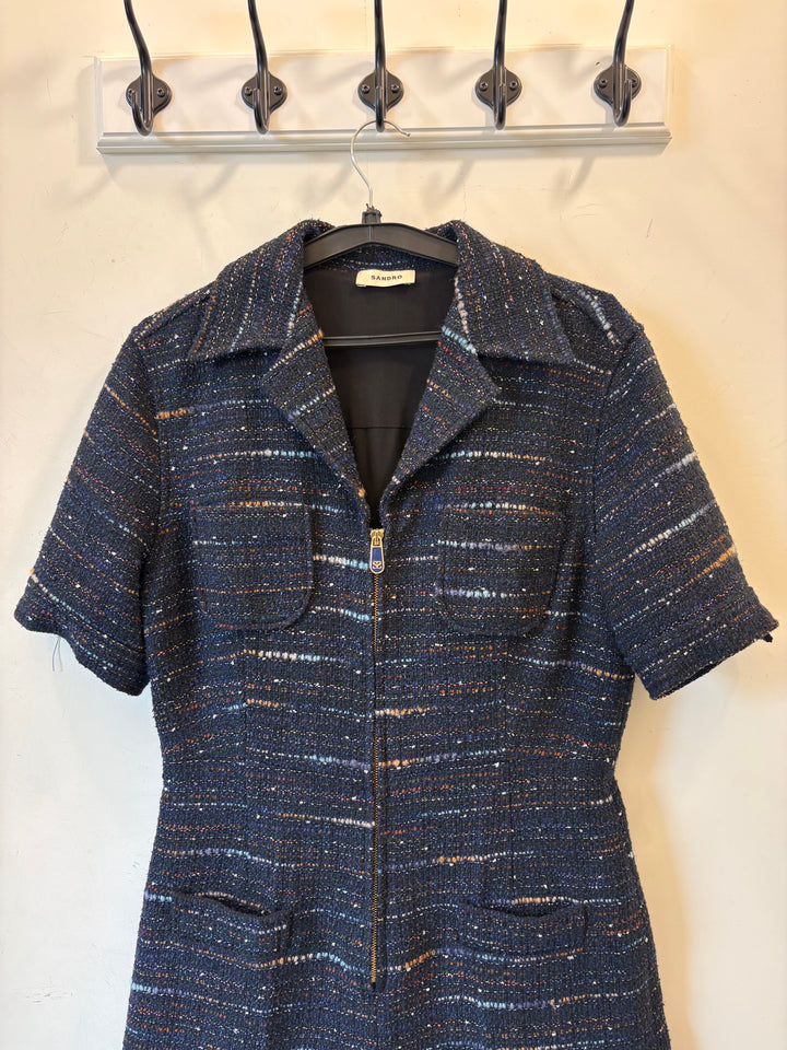 Sandro Navy Tweed Zip-Front Playsuit