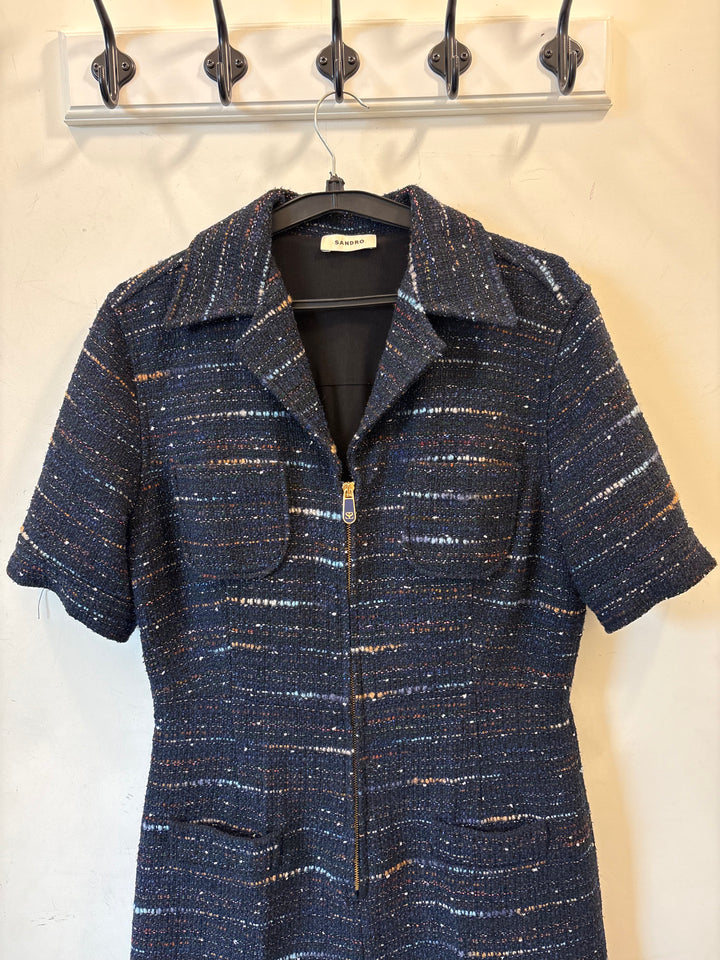 Sandro Navy Tweed Zip-Front Playsuit