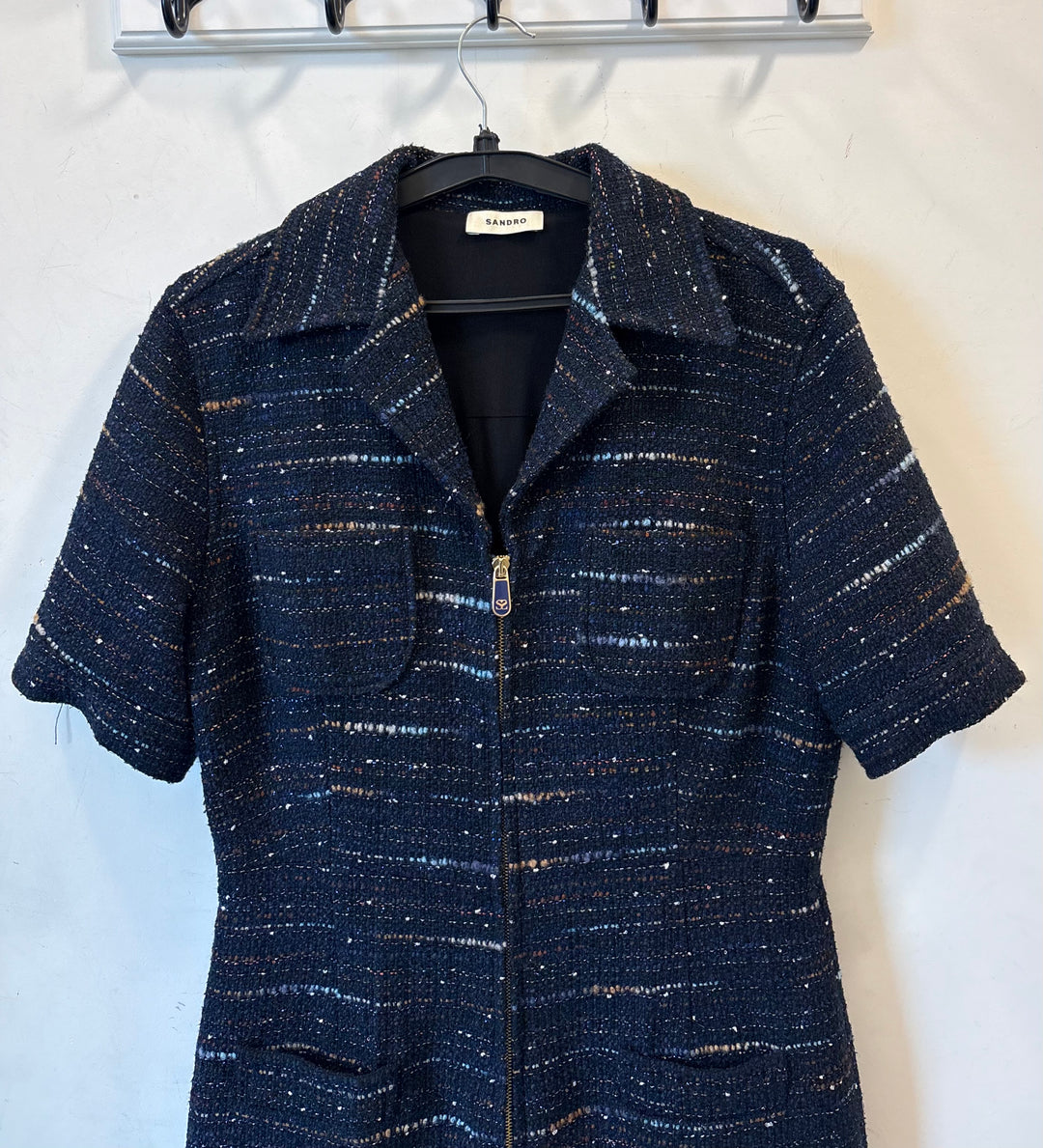 Sandro Navy Tweed Zip-Front Playsuit