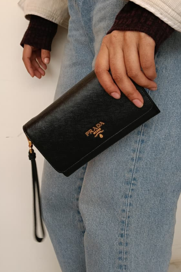 Prada Black Saffiano Metal Leather Wristlet Wallet