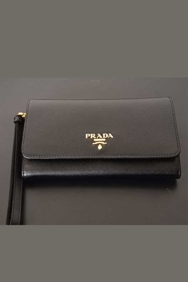 Prada Black Saffiano Metal Leather Wristlet Wallet