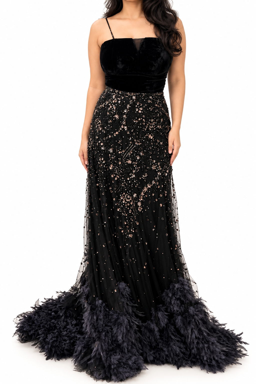 Dolly J Black Embellished Feather Gown
