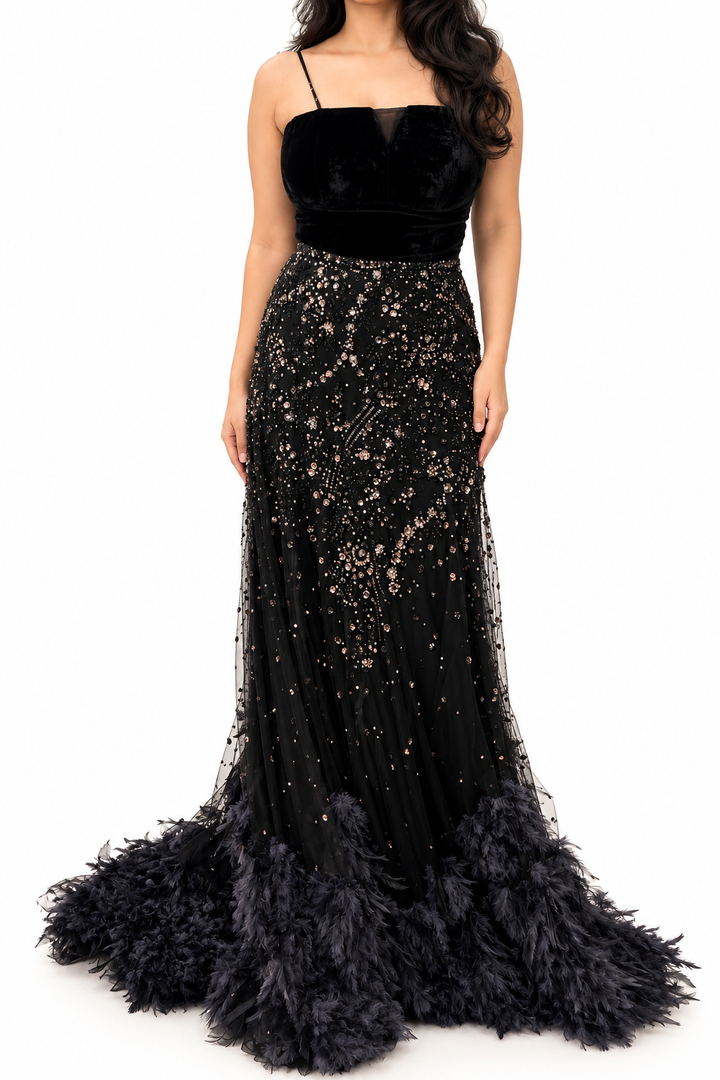 Dolly J Black Embellished Feather Gown
