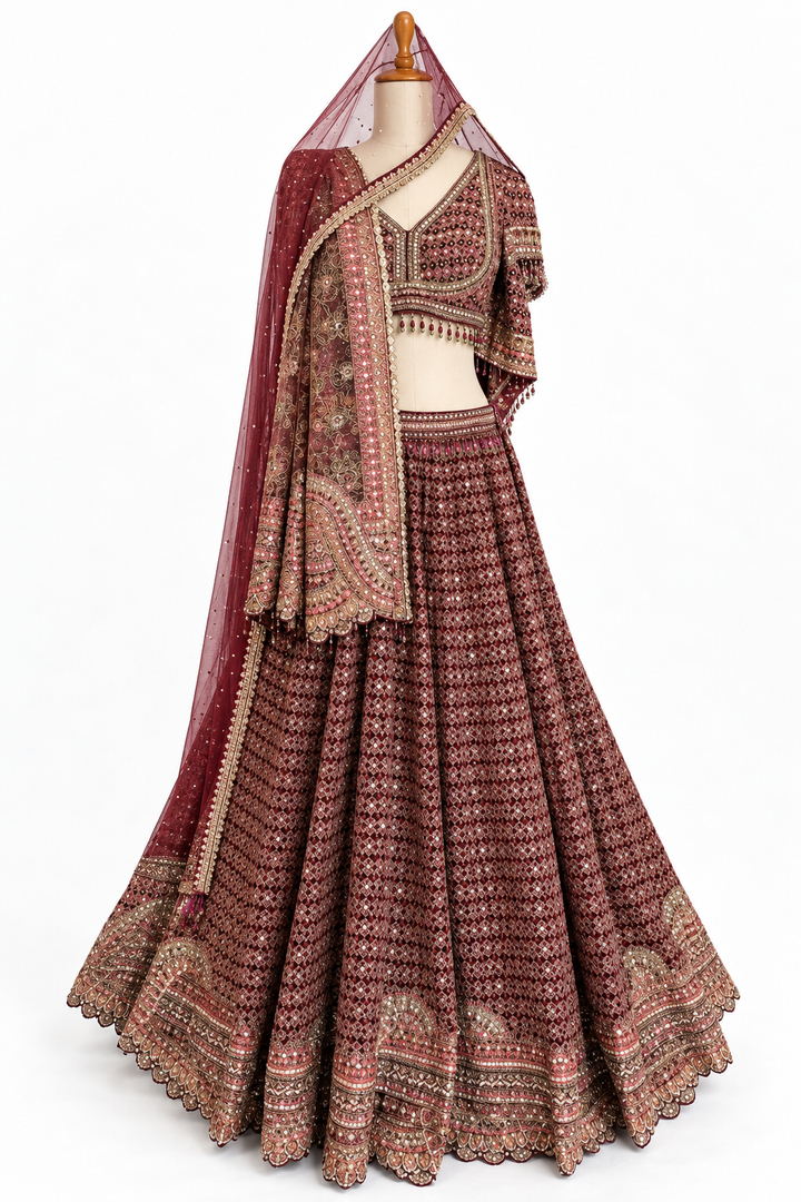 Tarun Tahiliani Maroon Embroidered Lehenga Set