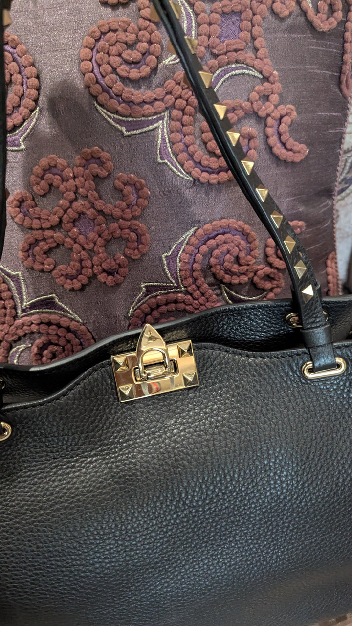 Valentino Black Leather Rockstud Tote Bag