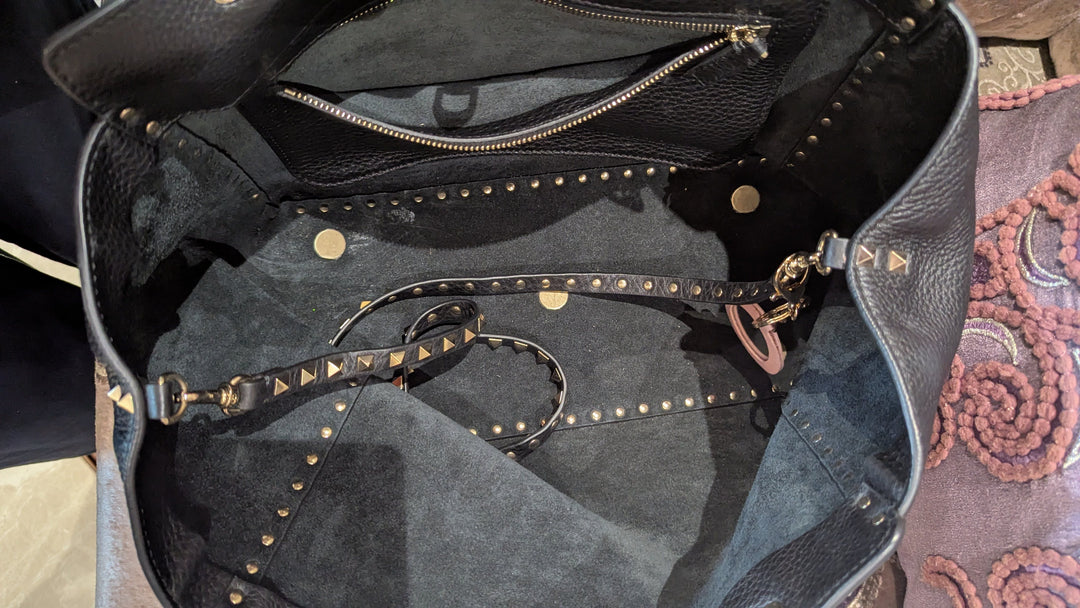 Valentino Black Leather Rockstud Tote Bag