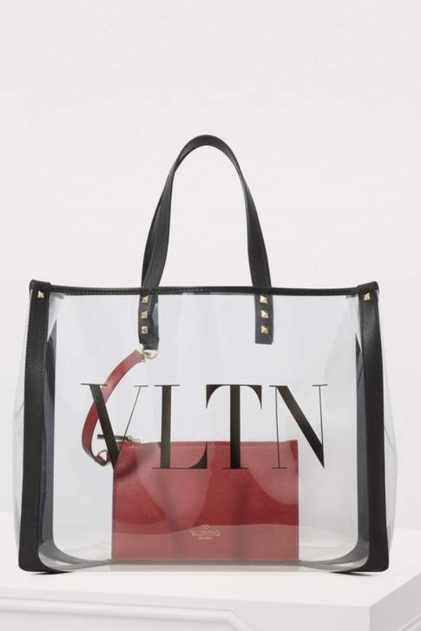 Valentino Black/Red Clear Plexy and Leather VLTN Shopping Tote