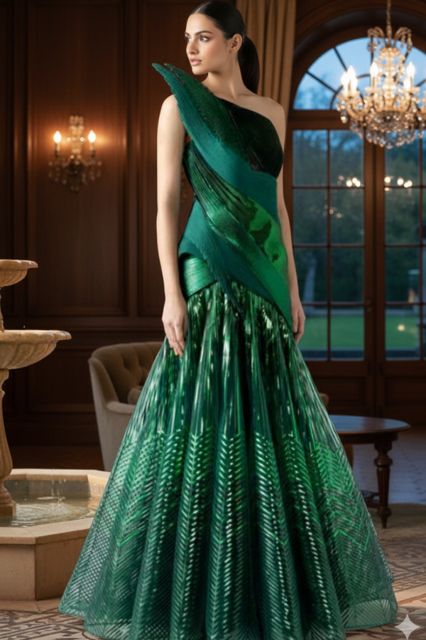 Amit Aggarwal Emerald Sculpted Metallic Gown