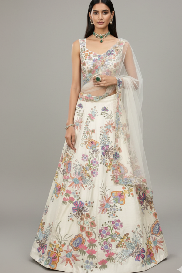 Aisha Rao Zahra ivory kasab satin lehenga