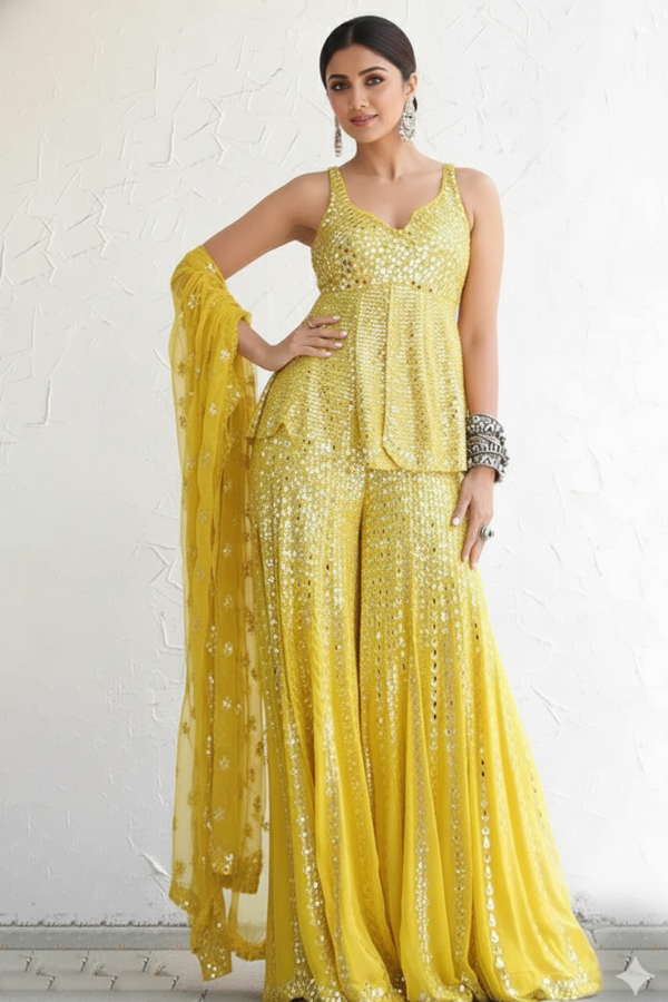 Seema Gujral Yellow Sharara Set With Mirror Work