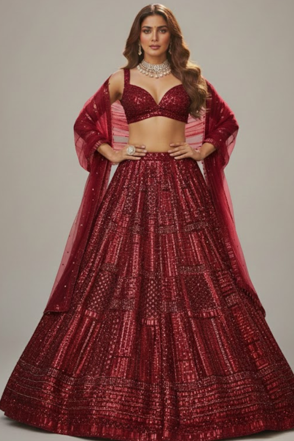 SEEMA GUJRAL Deep Maroon Sequins Embroidered Lehenga Set