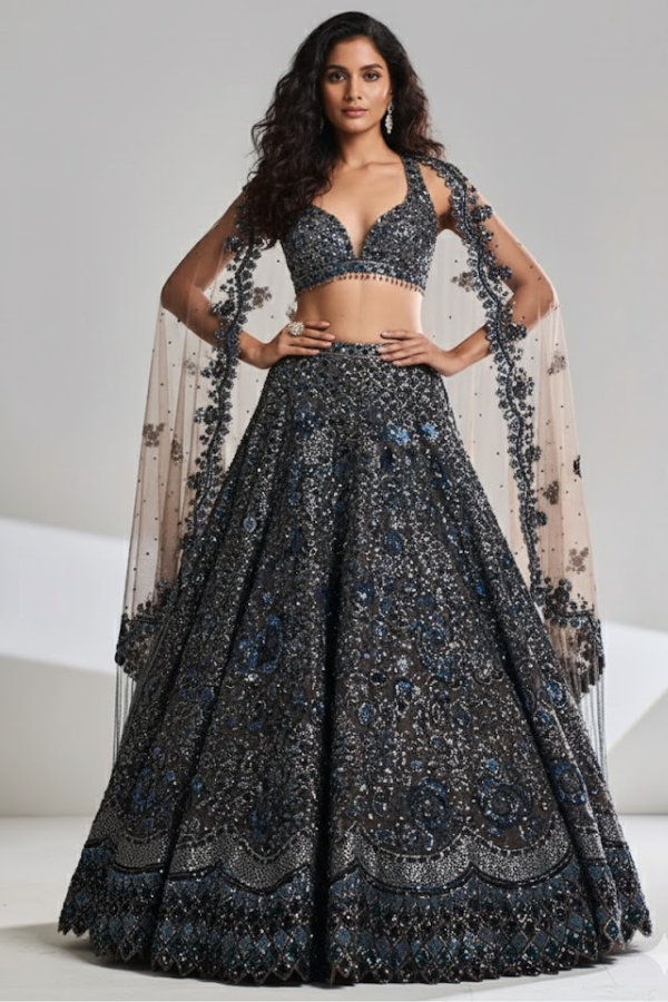 Seema Gujral Brown Net Embroidery Sequin Leaf Neck Bridal Lehenga Set