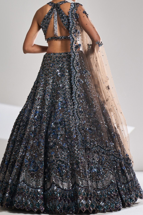 Seema Gujral Brown Net Embroidery Sequin Leaf Neck Bridal Lehenga Set