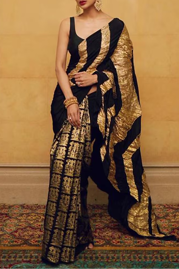 Masaba Black Bunch Of Birds Crinkle Gota Sari