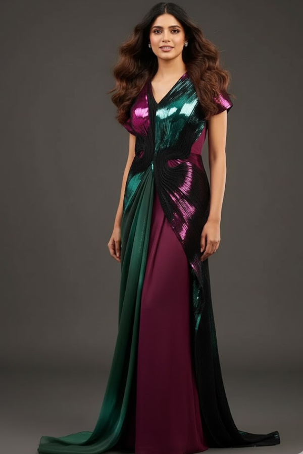Amit Aggarwal Plum & Emerald Metallic Polymer Gown