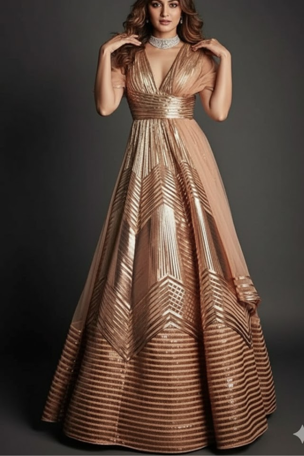 Amit Aggarwal Rose Gold Structured Metallic Gown