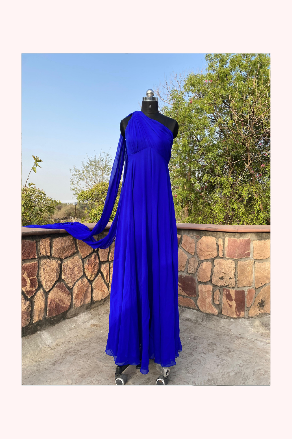 Gauri & Nainika One-Shoulder Cobalt Gown