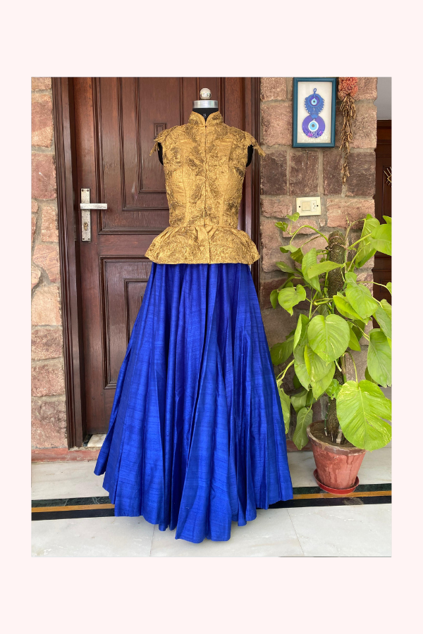 Shantanu & Nikhil Gold & Royal Blue Skirt Set