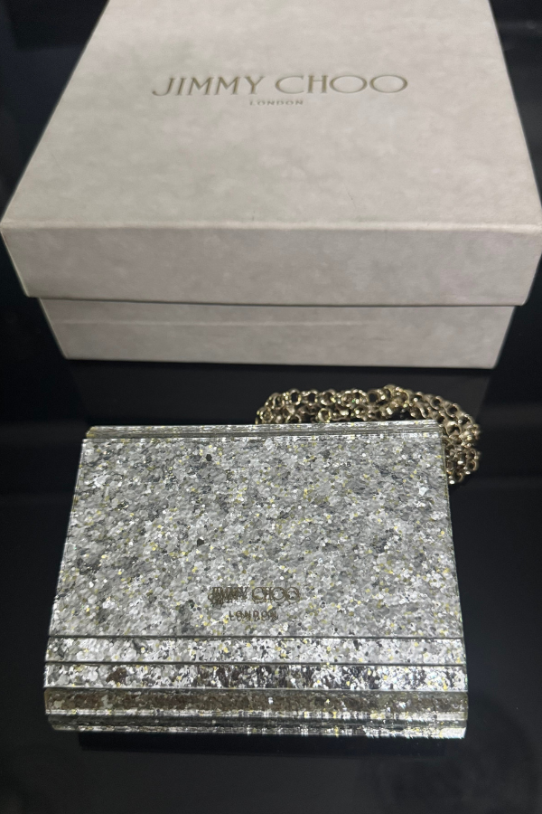 Jimmy Choo Champagne Coarse Glitter Acrylic Mini Clutch Bag