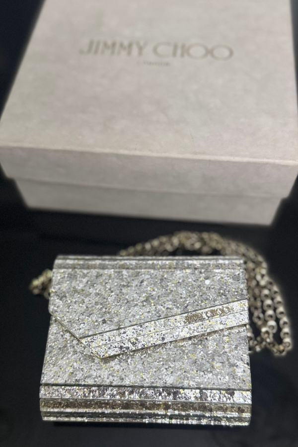Jimmy Choo Champagne Coarse Glitter Acrylic Mini Clutch Bag