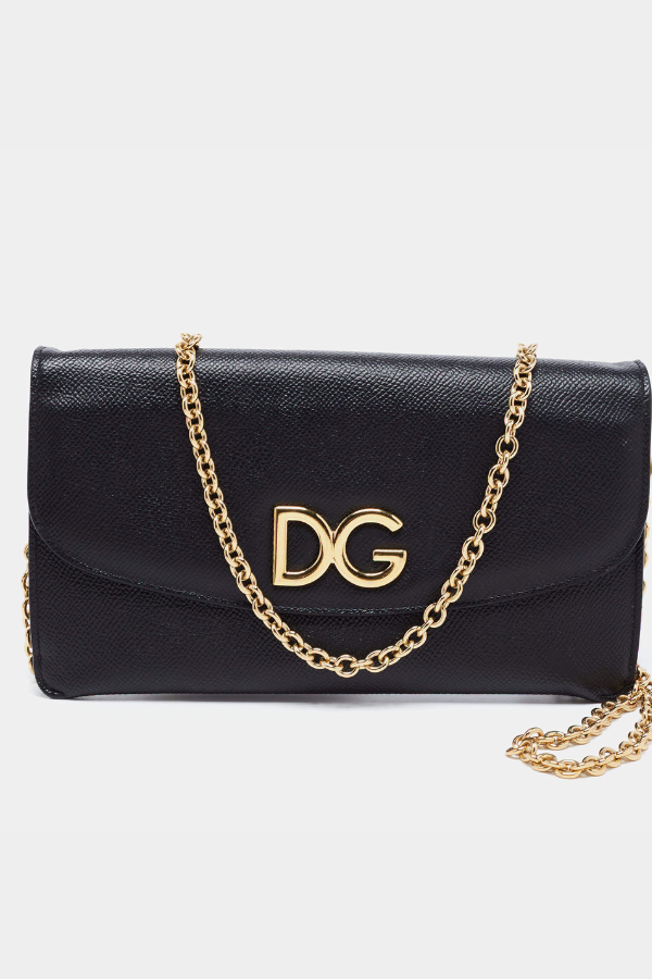 Dolce & Gabbana Black Leather DG Logo Chain Clutch
