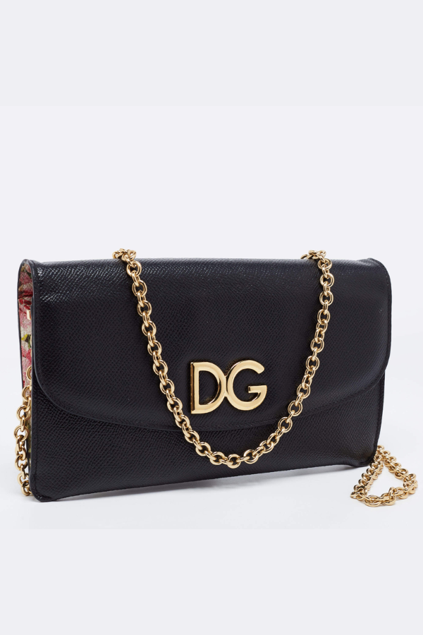 Dolce & Gabbana Black Leather DG Logo Chain Clutch