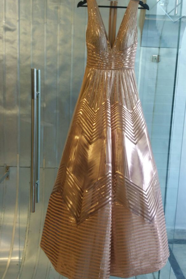 Amit Aggarwal Rose Gold Structured Metallic Gown