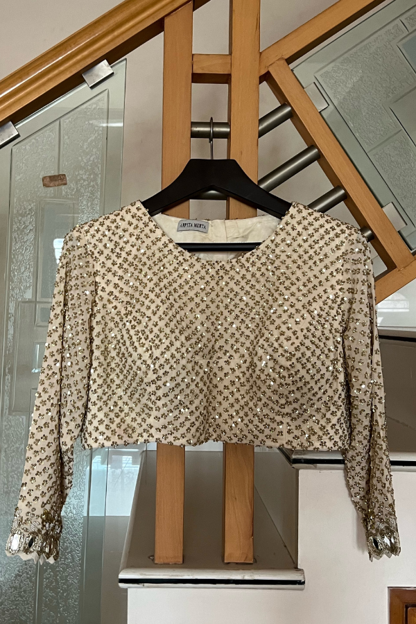 Arpita Mehta Gold Hand Embroidered Pre-draped Saree And Blouse Set