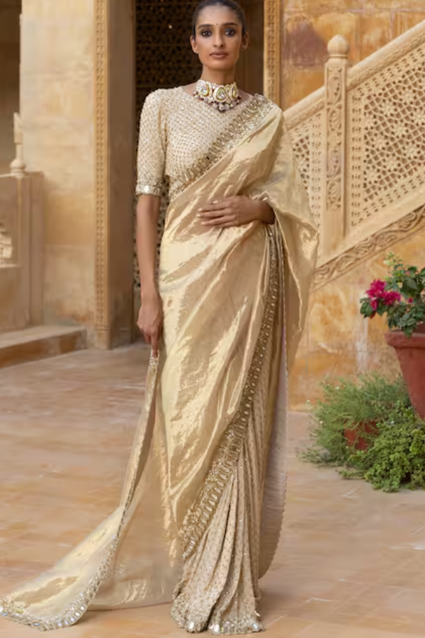Arpita Mehta Gold Hand Embroidered Pre-draped Saree And Blouse Set