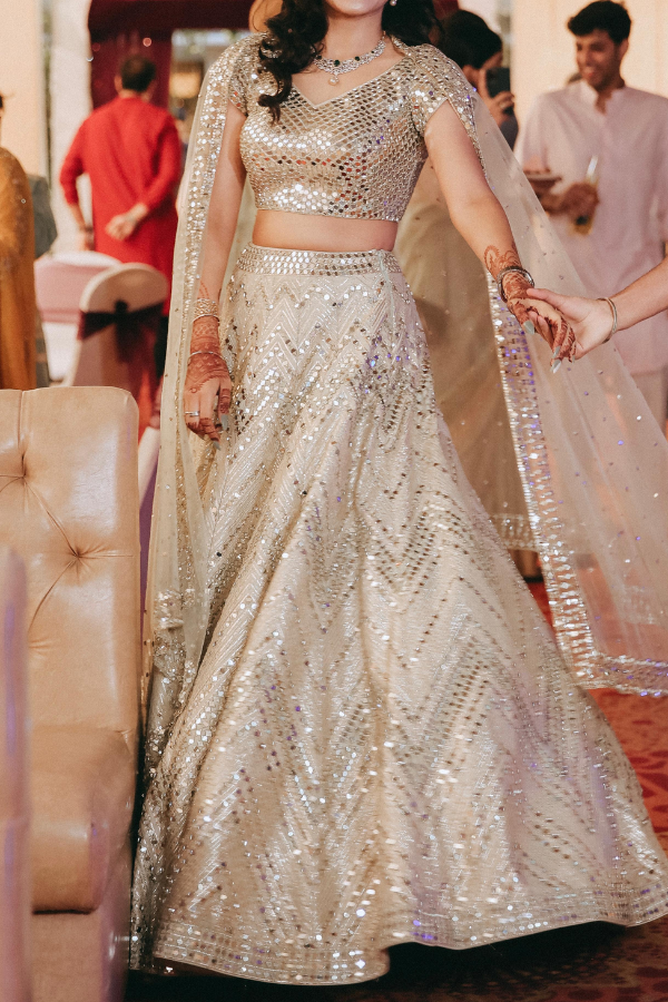 Abhinav Mishra Silver Mirror-Work Lehenga Set