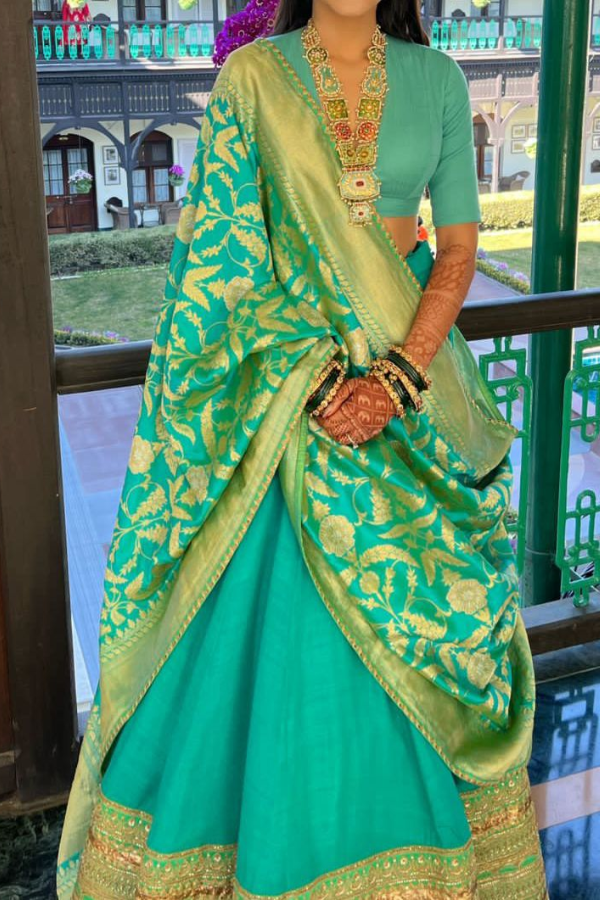 Sabyasachi Turquoise  Silk Lehenga Set