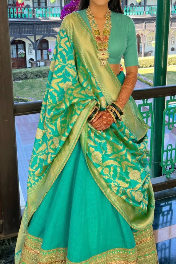 Sabyasachi Turquoise  Silk Lehenga Set