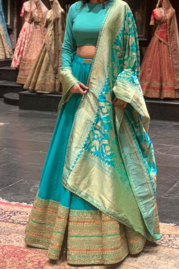 Sabyasachi Turquoise  Silk Lehenga Set